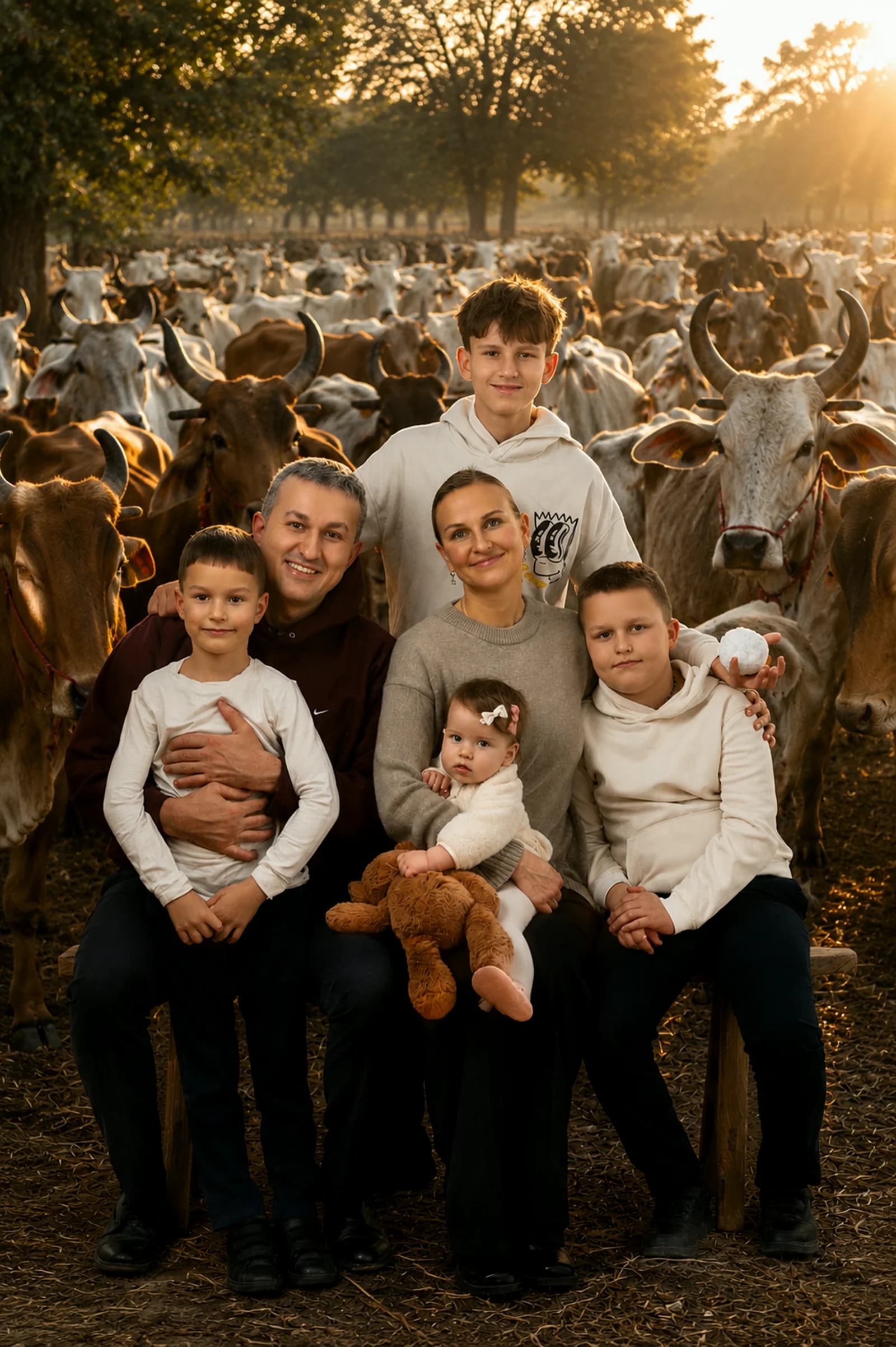Jayananda's family at a partner goshala (gaushala) in India, surrounded by hundreds of cows